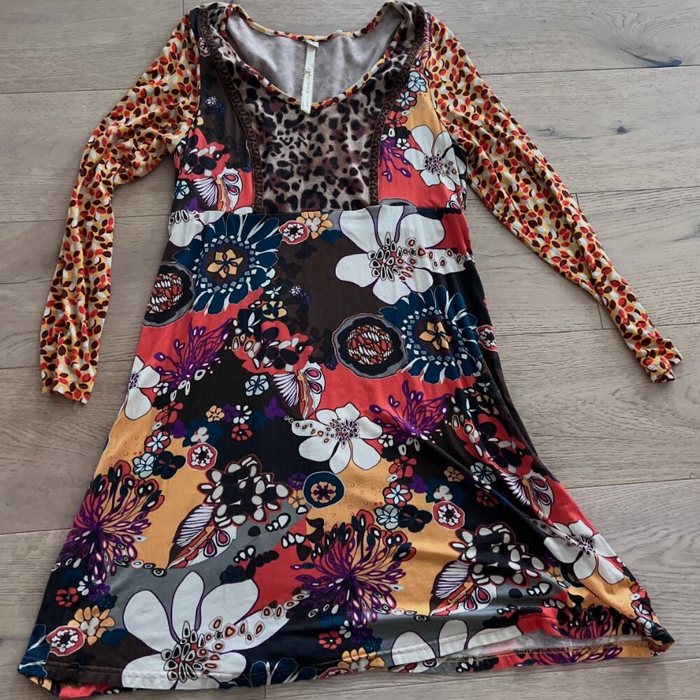 Uncle Frank Mixed Media Dress Leopard Print Stretch Hippie Retro Boho